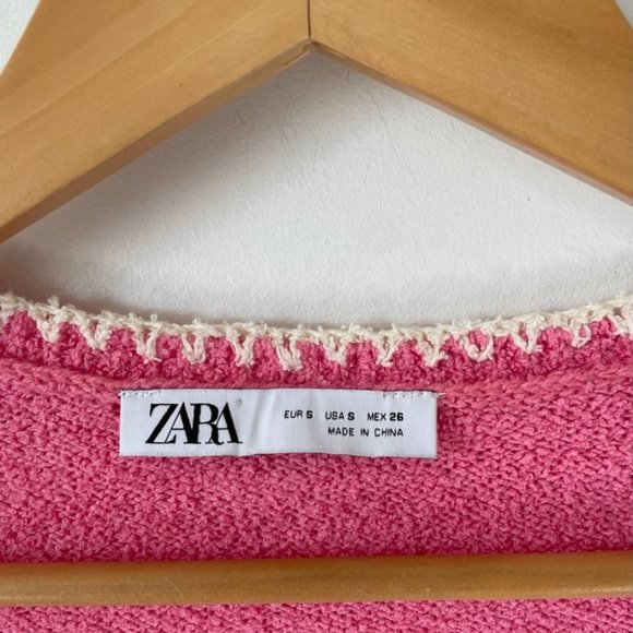 Zara Cropped Knit Crochet Trim Button Sweater Cardigan Pink Sz Small - Picture 7 of 8